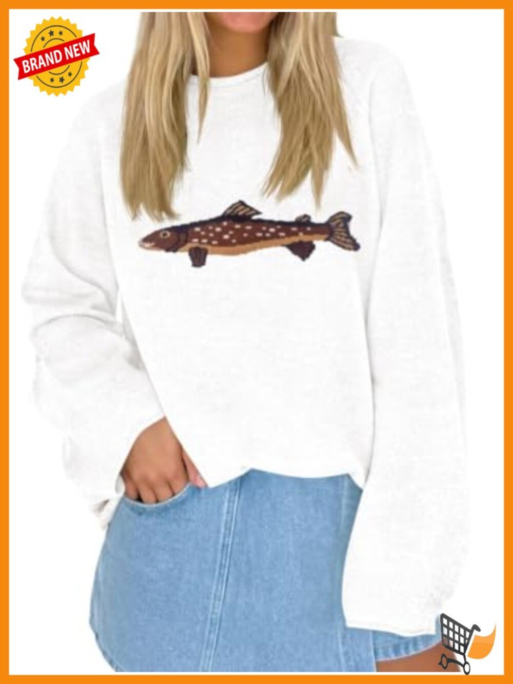 Oversized Fish Graphic Sweater Lightweight Knit Pullover Women's